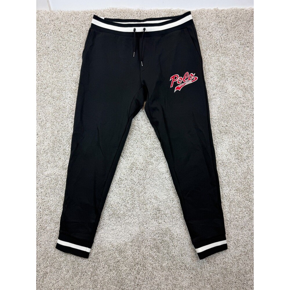 Polo Ralph Lauren Performance Mens M Black Jogger Pants Red Logo Striped Trim RL